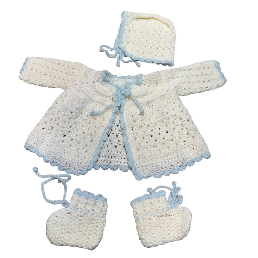 Vintage Unbranded Crochet Cardigan Bonnet Booties Set Kids 0 3M Soft Coquette